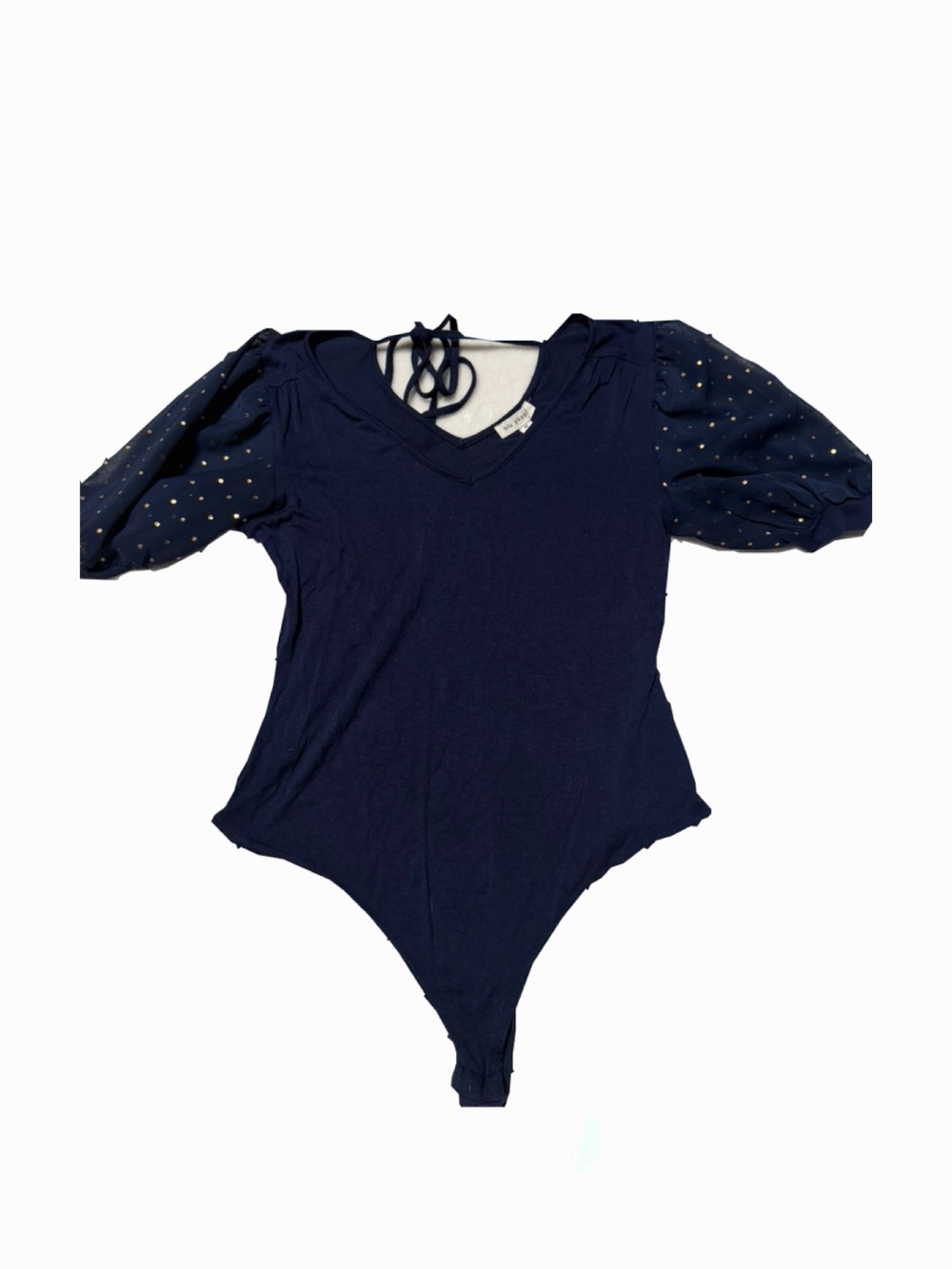 Blu Pepper Navy Puff-Sleeve One-Piece Bodysuit with Metallic Dot Sleeves